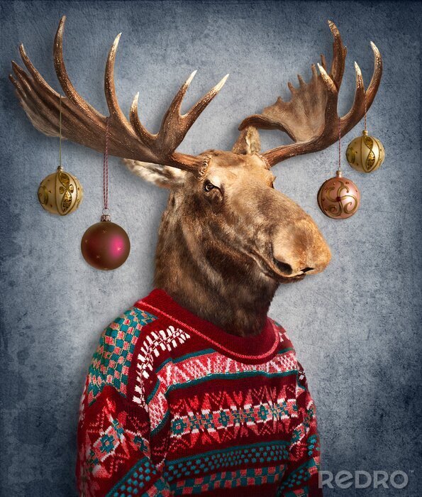 Poster Christmas  moose. Animals in clothes. People with heads of animals .  Concept graphic, photo manipulation for cover, advertising, prints on clothing and other.