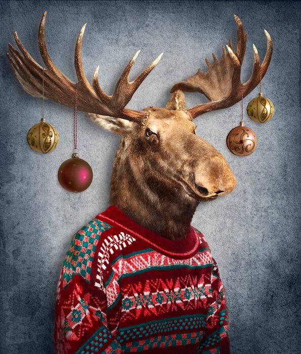 Poster Christmas  moose. Animals in clothes. People with heads of animals .  Concept graphic, photo manipulation for cover, advertising, prints on clothing and other.