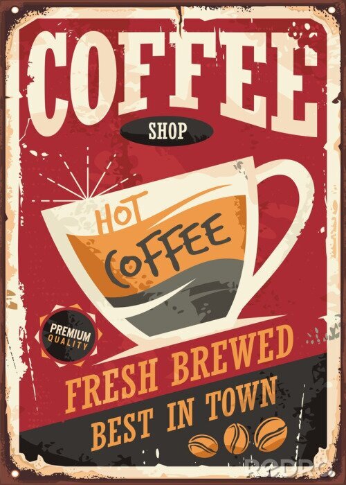 Poster Coffee-Shop Retro-Zinn-Zeichen-Design mit Kaffeetasse auf rotem Hintergrund