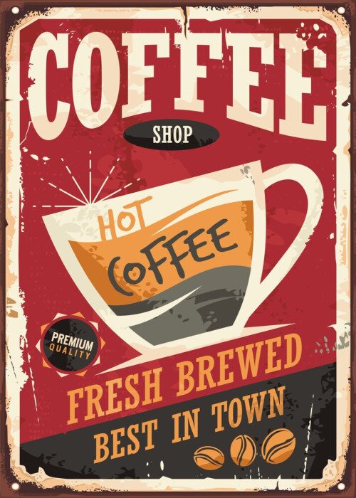 Poster Coffee-Shop Retro-Zinn-Zeichen-Design mit Kaffeetasse auf rotem Hintergrund