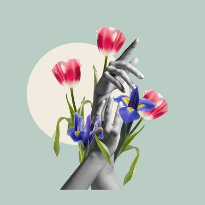 Collage aus Händen und Blumen