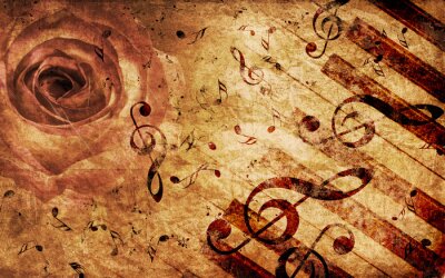 Collage mit Instrument Noten und Rose