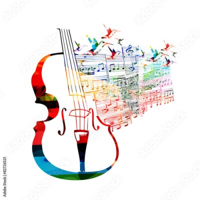 Poster Colorful violoncello design with hummingbirds