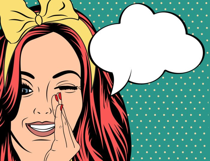 Poster Comic-Mädchen mit einer Sprechblase, die ein Geheimnis enthüllt