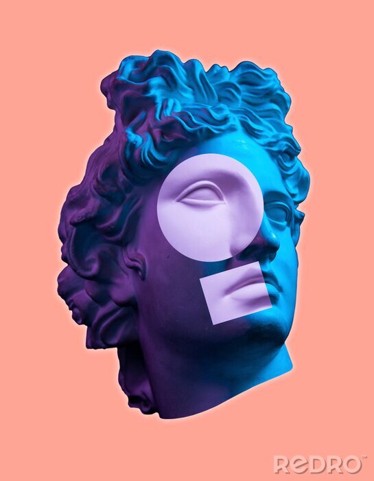 Poster Contemporary art concept collage with antique statue head in a surreal style. Modern unusual art.