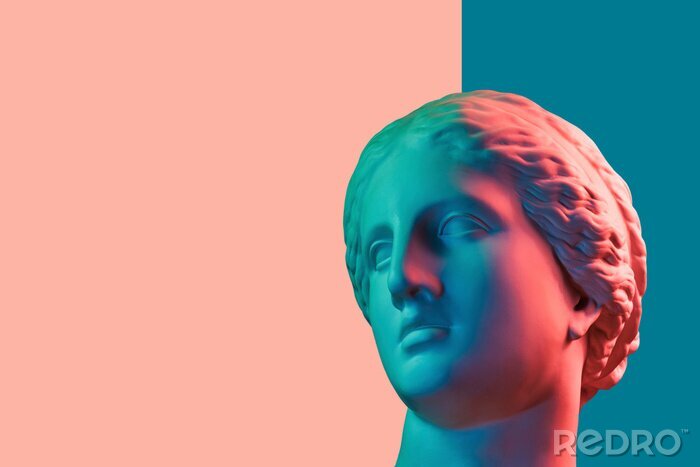 Poster Contemporary art concept collage with antique statue head in a surreal style. Modern unusual art.