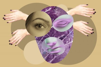 Sticker Contemporary art concept collage with antique statue head in a surreal style. Modern unusual art.