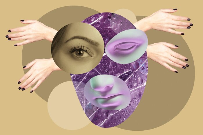 Poster Contemporary art concept collage with antique statue head in a surreal style. Modern unusual art.