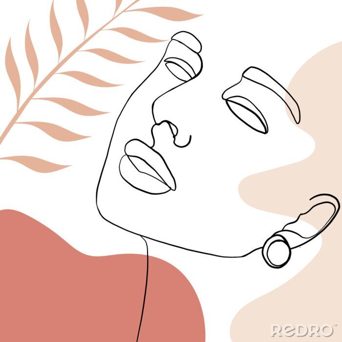 Poster Continuous line, drawing of woman face, fashion concept, woman beauty minimalist with geometric doodle Abstract floral elements pastel colors. One line continuous drawing. vector illustration