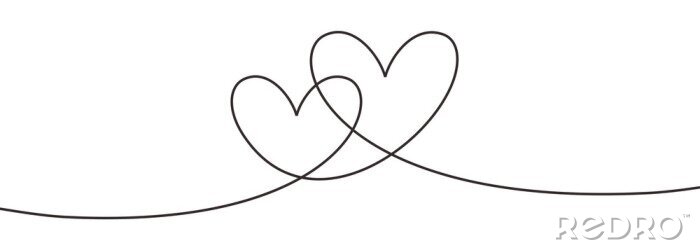 Poster Continuous line drawing two hearts embracing, Black and white vector minimalist illustration of love concept minimalism one hand drawn sketch romantic theme.