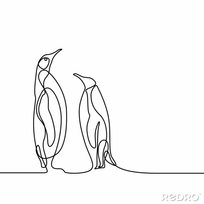 Poster Continuous line drawing two penguins stand opposite each other. Love concept.