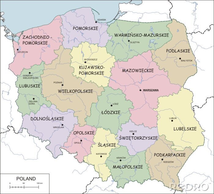 Poster Contour Landkarte von Polen mit Woiwodschaften, Flüsse und Seen