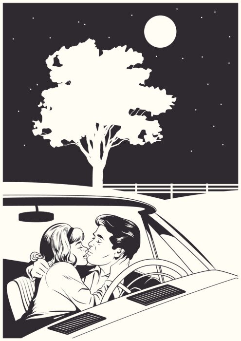 Poster Couple in Love, Kissing in the Car, Night Scene, Black and White Comic Book Illustration Drawing Style 