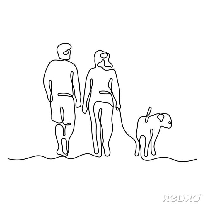 Poster Couple walking with a dog continuous line vector illustration