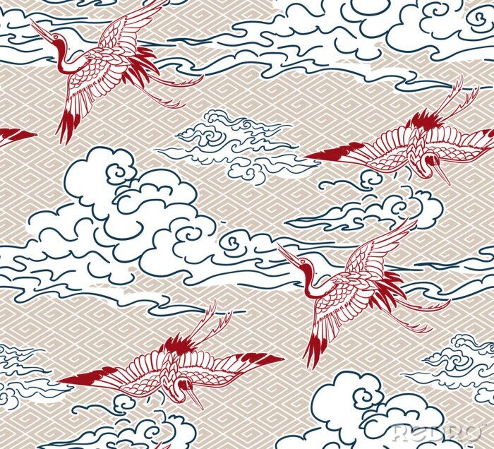 Poster crane birds sky cloud japanese chinese vector design pattern