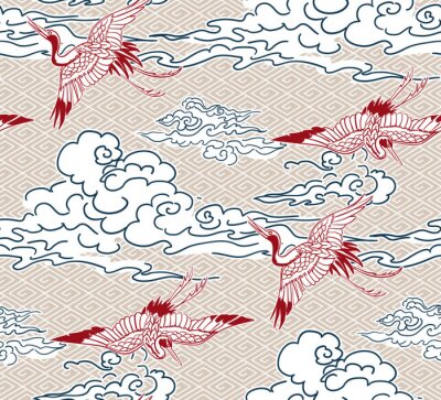 Tapete crane birds sky cloud japanese chinese vector design pattern
