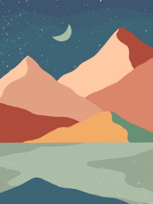 Poster Creative abstract mountain landscape background.Mid century modern vector illustration with hand drawn mountains; sea or river; sky and moon.Trendy contemporary design.Futuristic wall art decor.