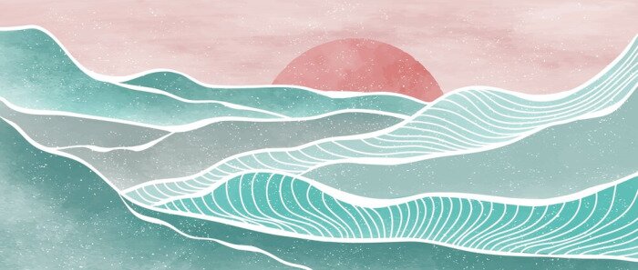Poster Creative minimalist modern paint and line art print. Abstract ocean wave and mountain contemporary aesthetic backgrounds landscapes. with sea, skyline, wave. vector illustrations