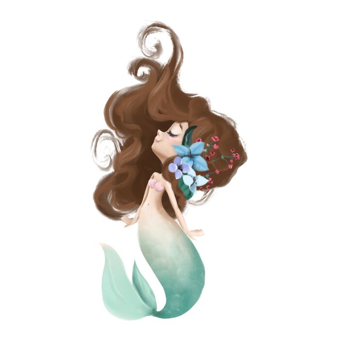 Poster Cute and beautiful little mermaid with long hair and flowers watercolor illustration