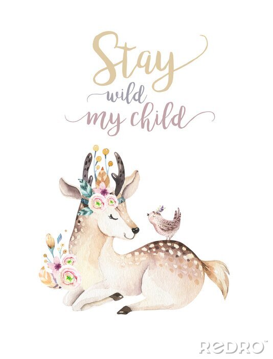 Poster Cute bohemian baby cartoon deer animal for kindergarten, woodland nursery isolated decoration forest illustration for children forest animals pattern. Watercolor hand drawn boho set