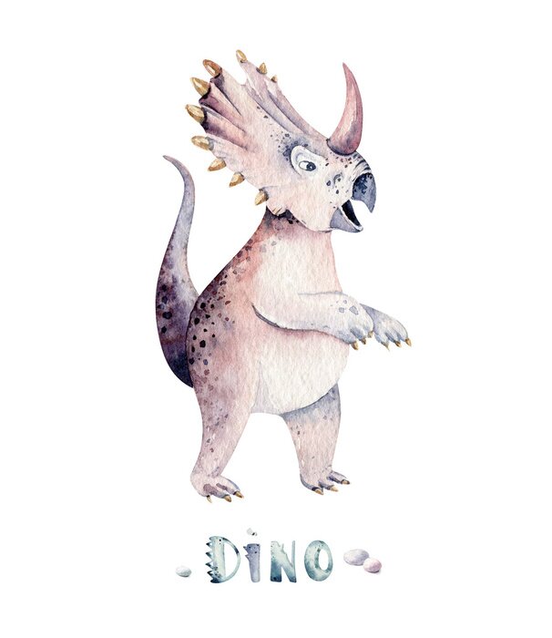 Poster Cute cartoon baby dinosaurs collection watercolor illustration, hand painted dino isolated on a white background for nursery poster decoration. Rex children funny art