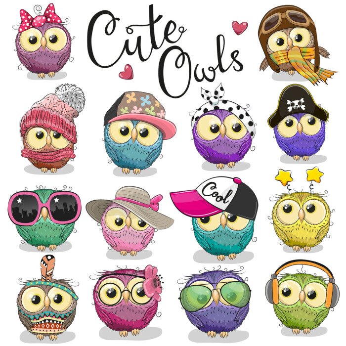 Poster Cute cartoon owls on a white background