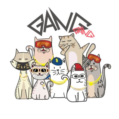 Poster Cute cat gang with hand drawn cartoon. Hip Hop style