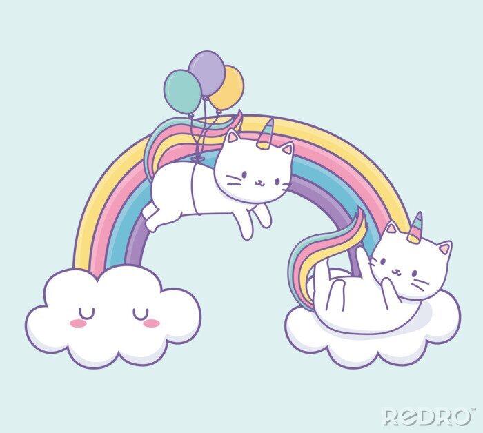 Poster cute cat with rainbow tail and balloons helium kawaii character
