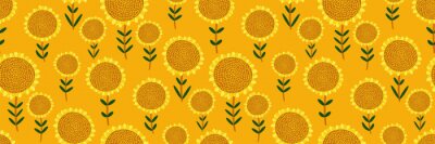Tapete Cute floral print. Seamless pattern with small hand drawn sunflowers on bright yellow background. Abstract botanical panorama, Wallpaper, fabric, template for sunny design...Vector illustration.
