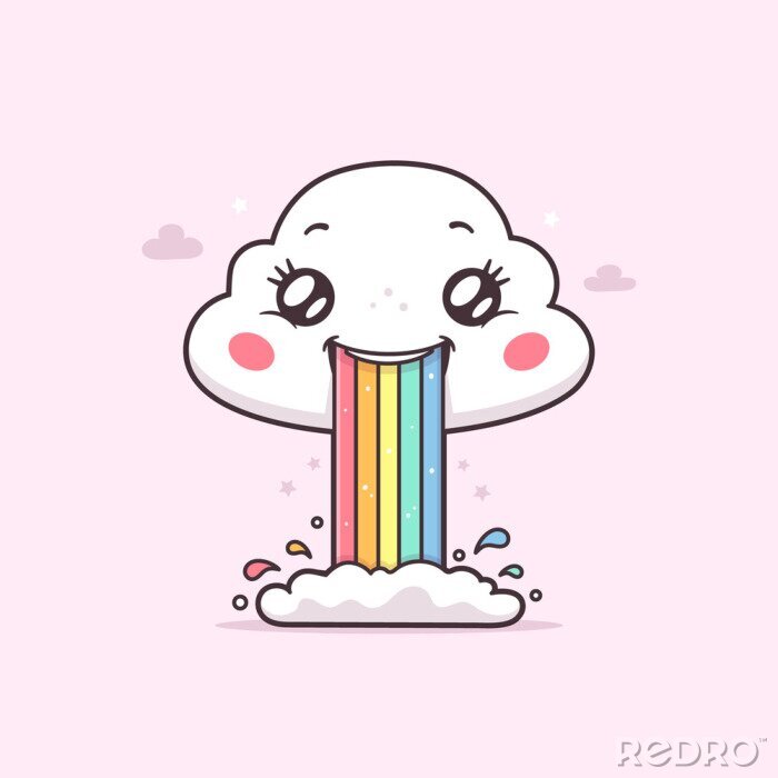 Poster Cute kawaii cloud puking or vomiting rainbow vector cartoon illustration