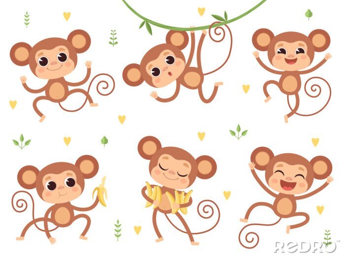 Poster Cute monkeys. Jungle wild animals baby little monkeys playing vector characters in action poses. Happy monkey and chimpanzee with banana illustration