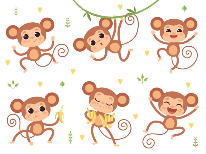 Poster Cute monkeys. Jungle wild animals baby little monkeys playing vector characters in action poses. Happy monkey and chimpanzee with banana illustration