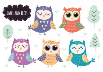 Cute owls collection. Forest animals isolated elements