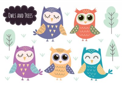 Sticker Cute owls collection. Forest animals isolated elements