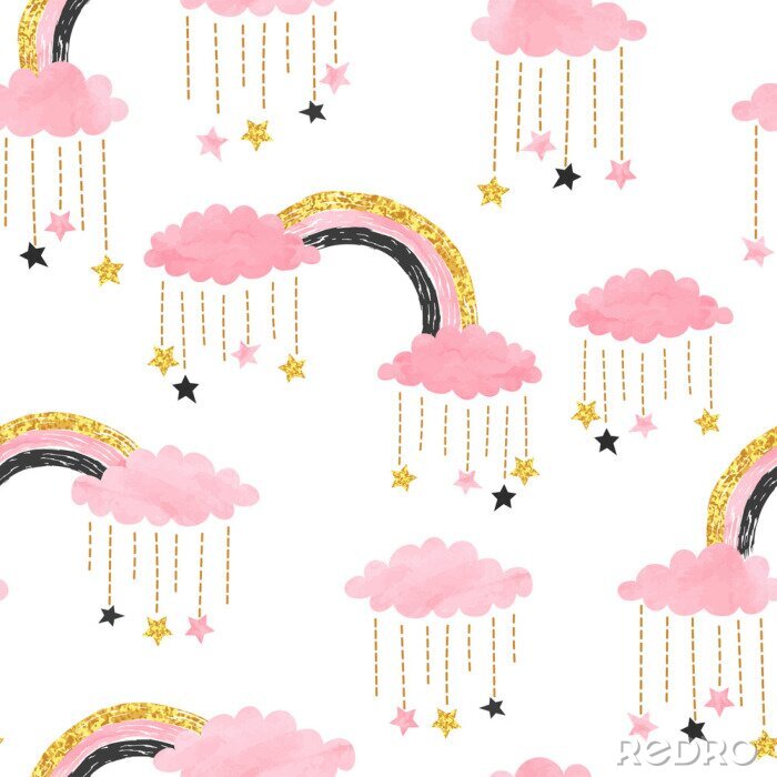 Poster Cute pink seamless pattern with rainbows, clouds and stars. Vector watercolor illustration for kids.