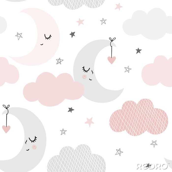 Poster Cute sky pattern. Seamless vector design with smiling, sleeping moon, hearts, stars and clouds. Baby illustration. 