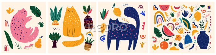 Poster Cute spring pattern collection with cat. Decorative abstract horizontal banner with colorful doodles. Hand-drawn modern illustrations with cats, flowers, abstract elements