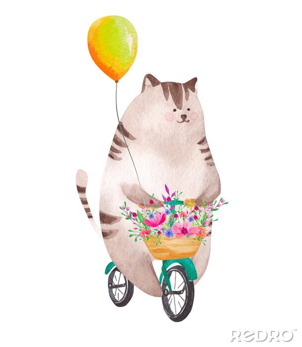 Poster Cute watercolor cat riding bicycle