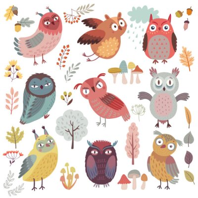 Sticker Cute Woodland owls. Funny characters with different mood. Vector illustration.