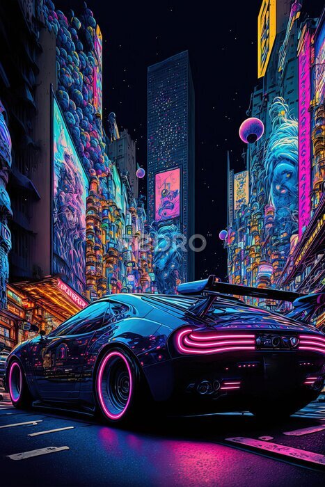 Poster Cyberpunk-Auto in der Nachtstadt