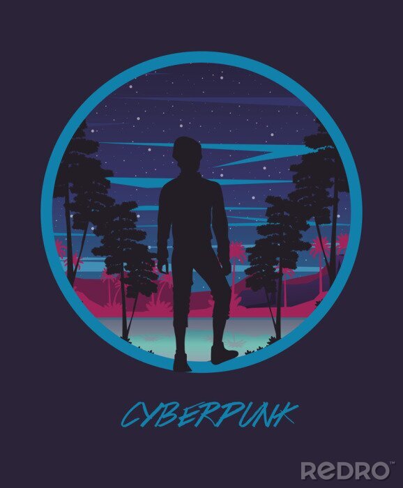 Poster Cyberpunk Mann und Landschaft