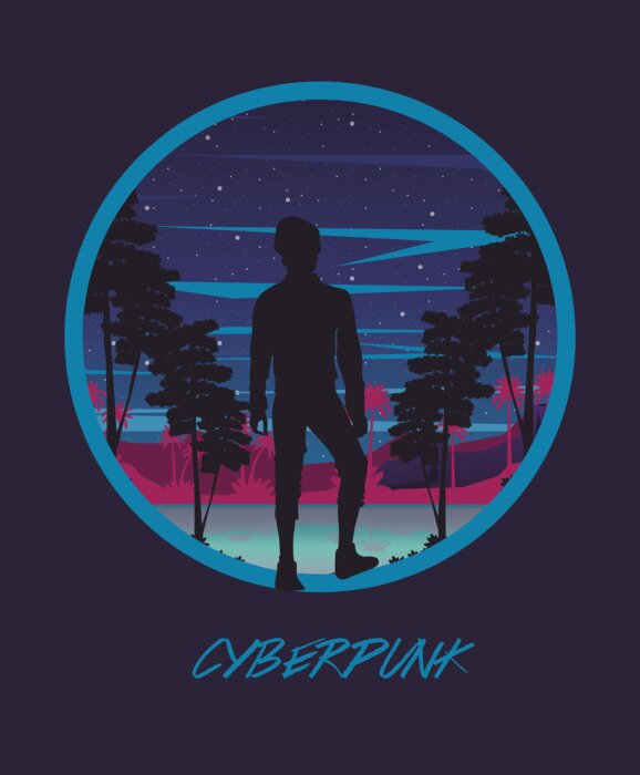 Poster Cyberpunk Mann und Landschaft