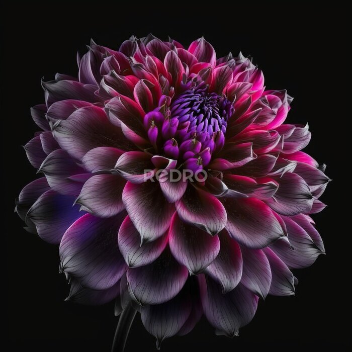 Poster Dark chrome pink and purple dahlia flower isolated on black.