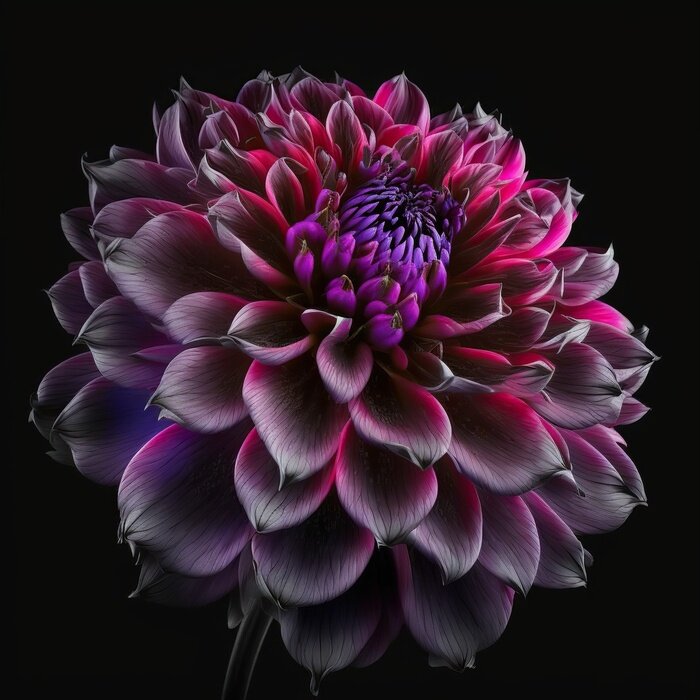 Poster Dark chrome pink and purple dahlia flower isolated on black.