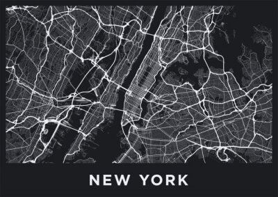 Dark New York City map. Road map of New York (United States). Black and white (dark) illustration of new york streets. Transport network of the Big Apple. Printable poster format (album).