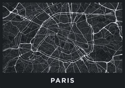 Dark Paris city map. Road map of Paris (France). Black and white (dark) illustration of parisian streets. Printable poster format (album).