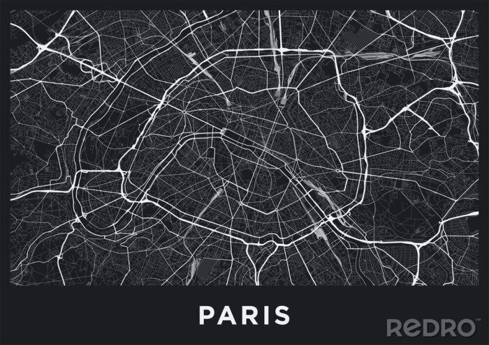 Poster Dark Paris city map. Road map of Paris (France). Black and white (dark) illustration of parisian streets. Printable poster format (album).