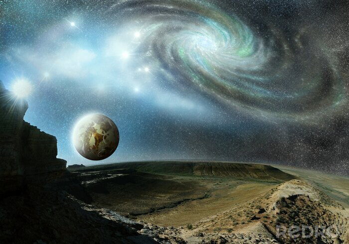 Poster Das Universum, das sich über einen unbekannten Planeten erstreckt