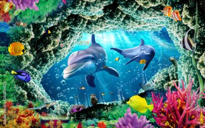 Poster Delfine Fische und ozeanisches Korallenriff