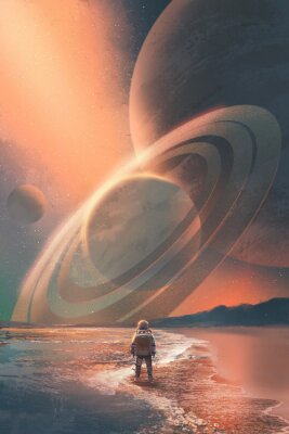 Poster Der Astronaut steht am Strand Blick auf Planeten in den Himmel, Illustration Malerei